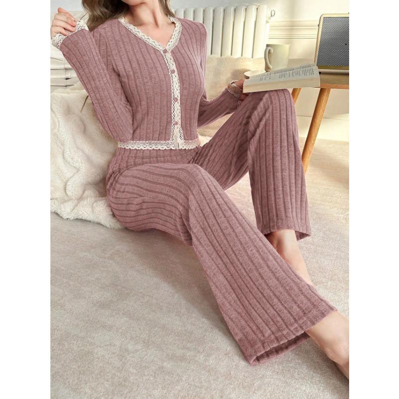 

Spring Autumn Women Cardigan Sleepwear Solid Lace Trim Pajamas Set Casual Sexy Crop Tops and Long Trousers Loungewear Nightwear XL