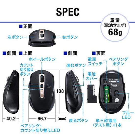 E-Supply Silent Bluetooth Mouse, Wireless, Bluetooth 5.0, Blue LED, 5 Buttons, DPI Switching, Rubberized, Medium Size, Black, EZ4-MA125BK