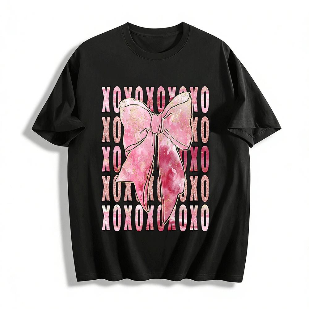 Valentine s Day XOXO Pink Bow Print Casual Crew Neck T-Shirt Pure cotton T-shirt XXS