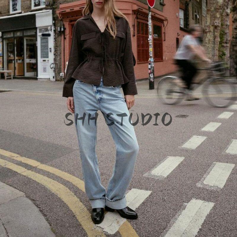 Autumn New Product Women Clothes French Style Design Sense Bowknot Decoration Long Sleeve V-neck Leisure Shirts Top 8751526
