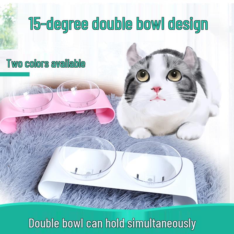 Pet Cat & Dog Transparent Double Bowl - Angled Food & Water Feeder with Neck Protection