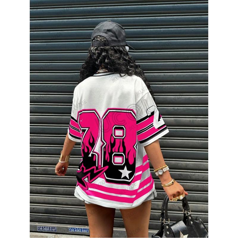 Oversized T-shirt For Women V-Neck Short Sleeve Summer Patchwork New York 28 Print Casual Tees Sports Football Jersey Y2k Tops