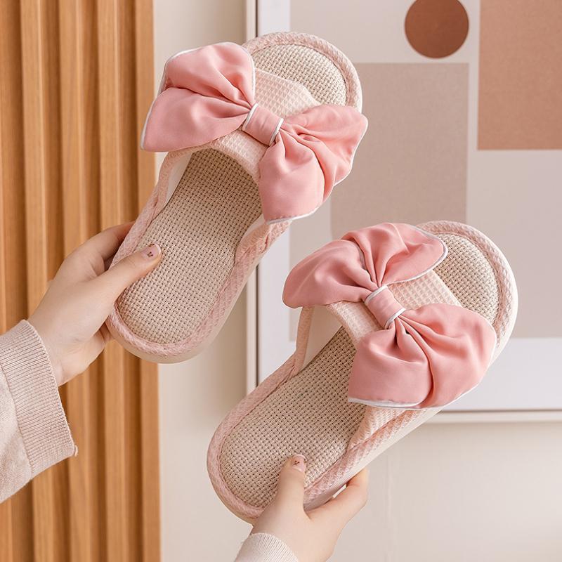 Butterfly knot linen slippers indoor cool slippers contrasting colors, simple fabric cotton linen slippers