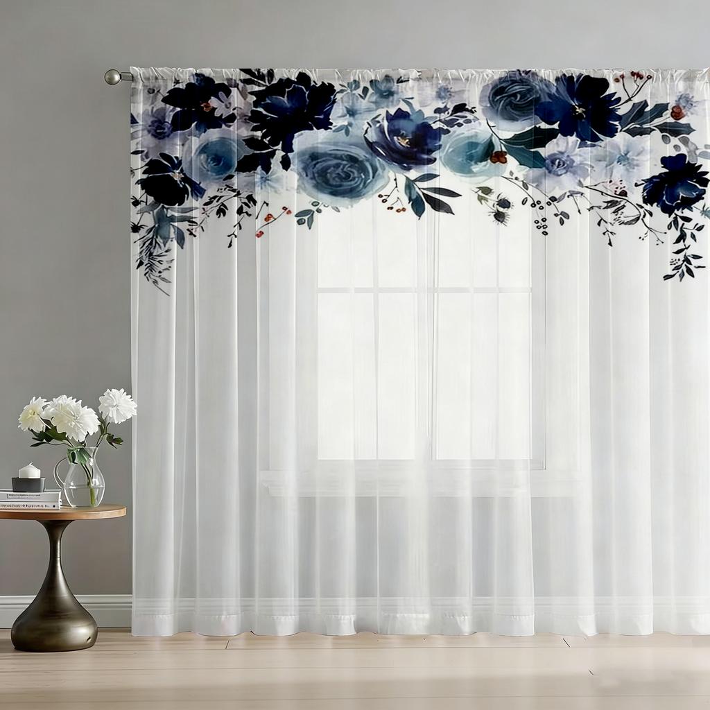 1PC Navy Blue Watercolor Floral Sheer Curtains - Elegant Flower Valance Print Window Drapes for Bedroom Living Room Decor