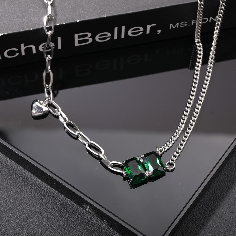 Green Cubic Zirconia Double Layer Titanium Steel Cuban Necklace - Minimalist Streetwear