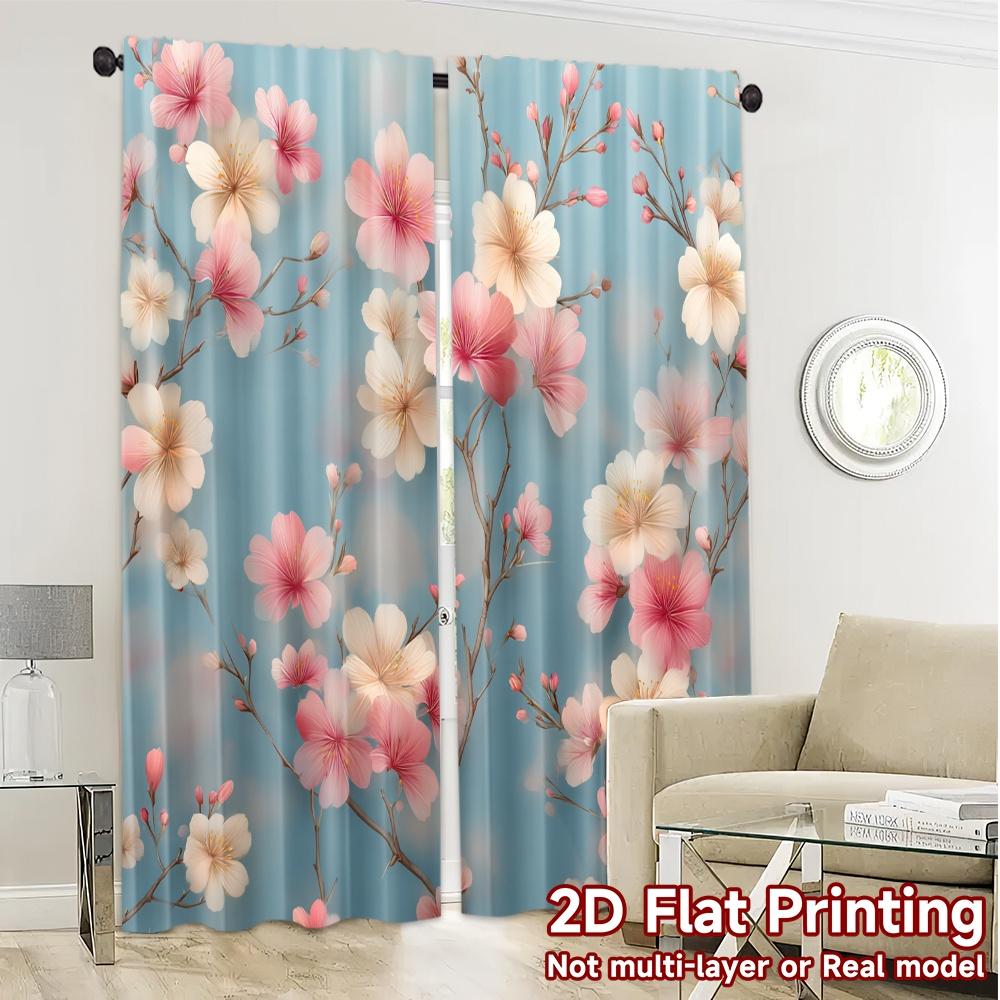 2pcs  Curtains Cherry Blossoms on Blue Popular Creative Curtains Durable 100% Polyester Fabric Curtains Versatile All Decorative