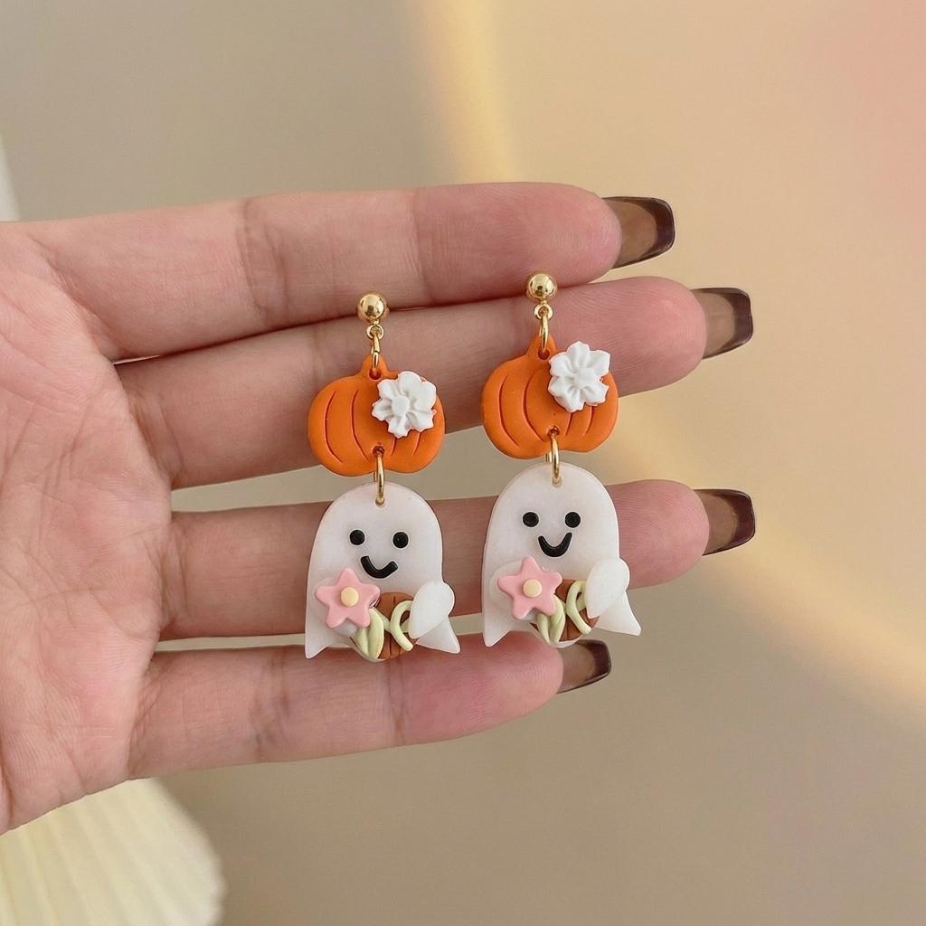Creative Halloween Ghost Pumpkin Dangle Earrings for Women Lightweight Cartoon Bat Cat Flower Earrings Festival Jewelry Gifts