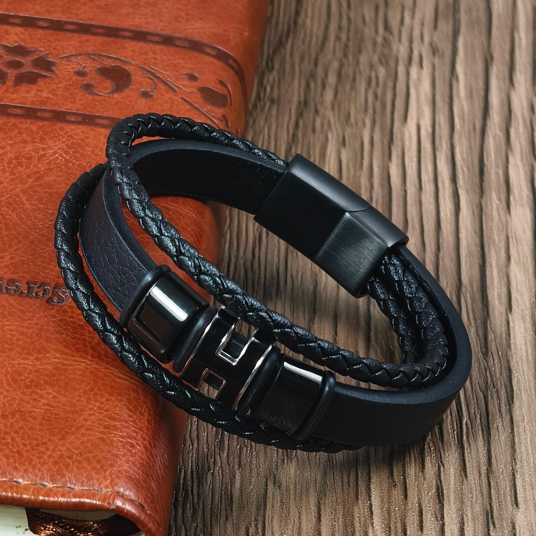 2026 Европейский и Американский Новый Многослойный Мужской Браслет из Кожаного Шнура Браслет из Кожаного Шнура с Титановой Сталью Магнитная Застежка Простой Браслет из Кожаного Шнура 19.5cm чёрный