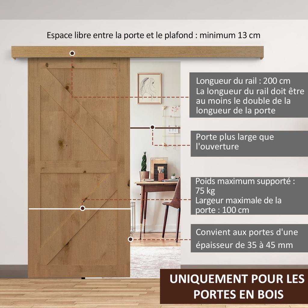Complete Wooden Sliding Door Kit Hardware Pocket Door System for Door Thickness 35-45 mm Max. Load 75 kg Rail Rollers Screws 200 x 3.05 cm Brown