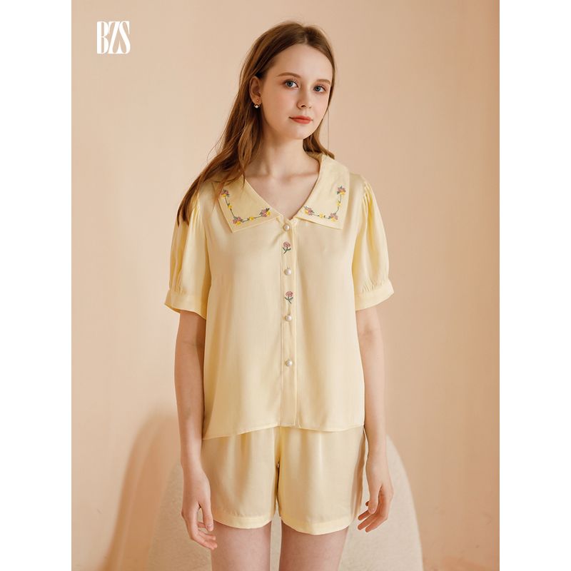 Summer 2024 Short Sleeve Embroider Rose Casual Shorts Cute plus Size Comfort Pajamas Homewear Suit Women