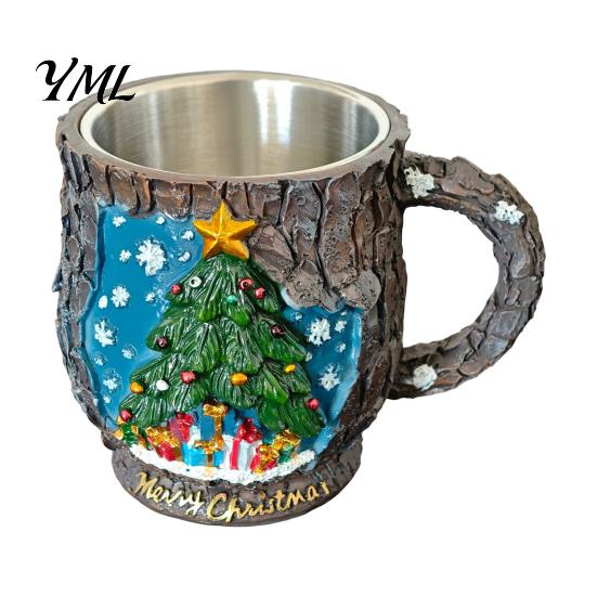 Christmas Mug Decorations Theme with Stainless Steel Liner, 3D Relief Hand Seasonal Housewarming Gifts Painted Resin Coffee Cup, Decorative Drinkware