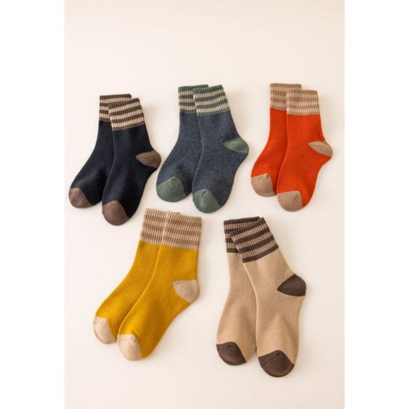 5 Pairs of Winter Warm Knit Socks for Women Men Winter Thickened Warm Socks Versatile Vintage Three-Bar Terry Socks