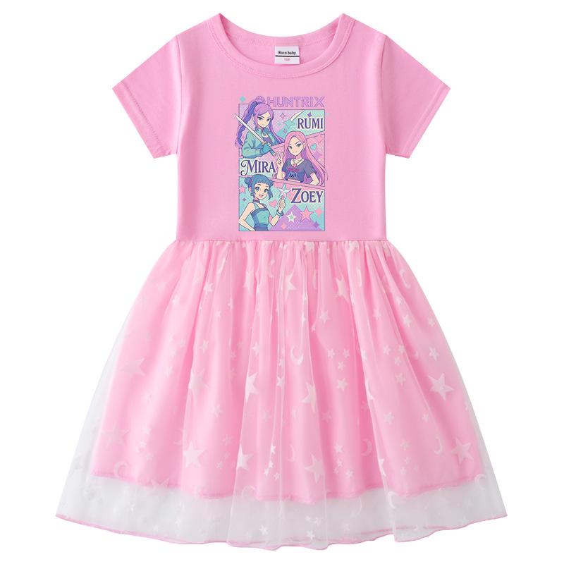 Korean Style Kpop Demon Slayer Mesh Princess Dress for Girls - Short/Long Sleeve Options