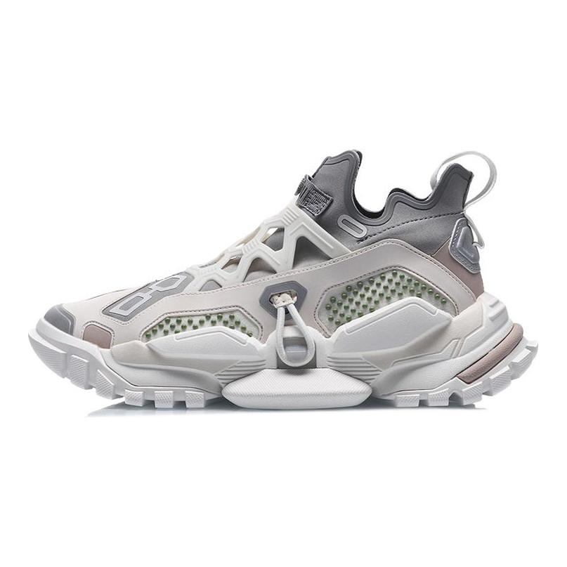 Li Ning Rekindled Comfortable Slip Resistant, Abrasion Resistant, Lightweight Low top Chunky Sneakers Unisex White Gray AGBQ102-1
