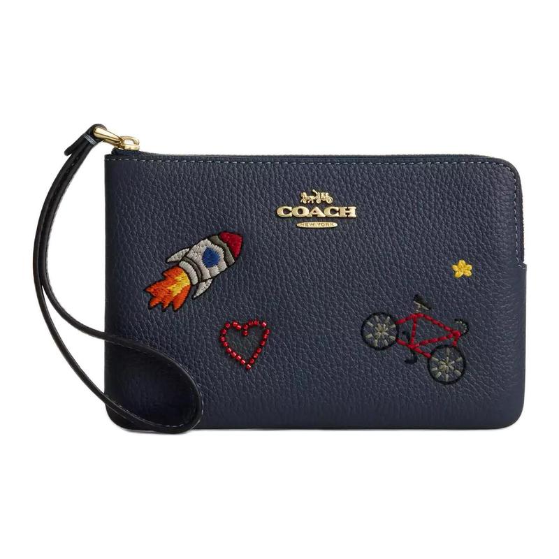 COACH Corner ZipWristlet 16 Embroidered Leather Clutch Small Women s Dark Denim коричневый