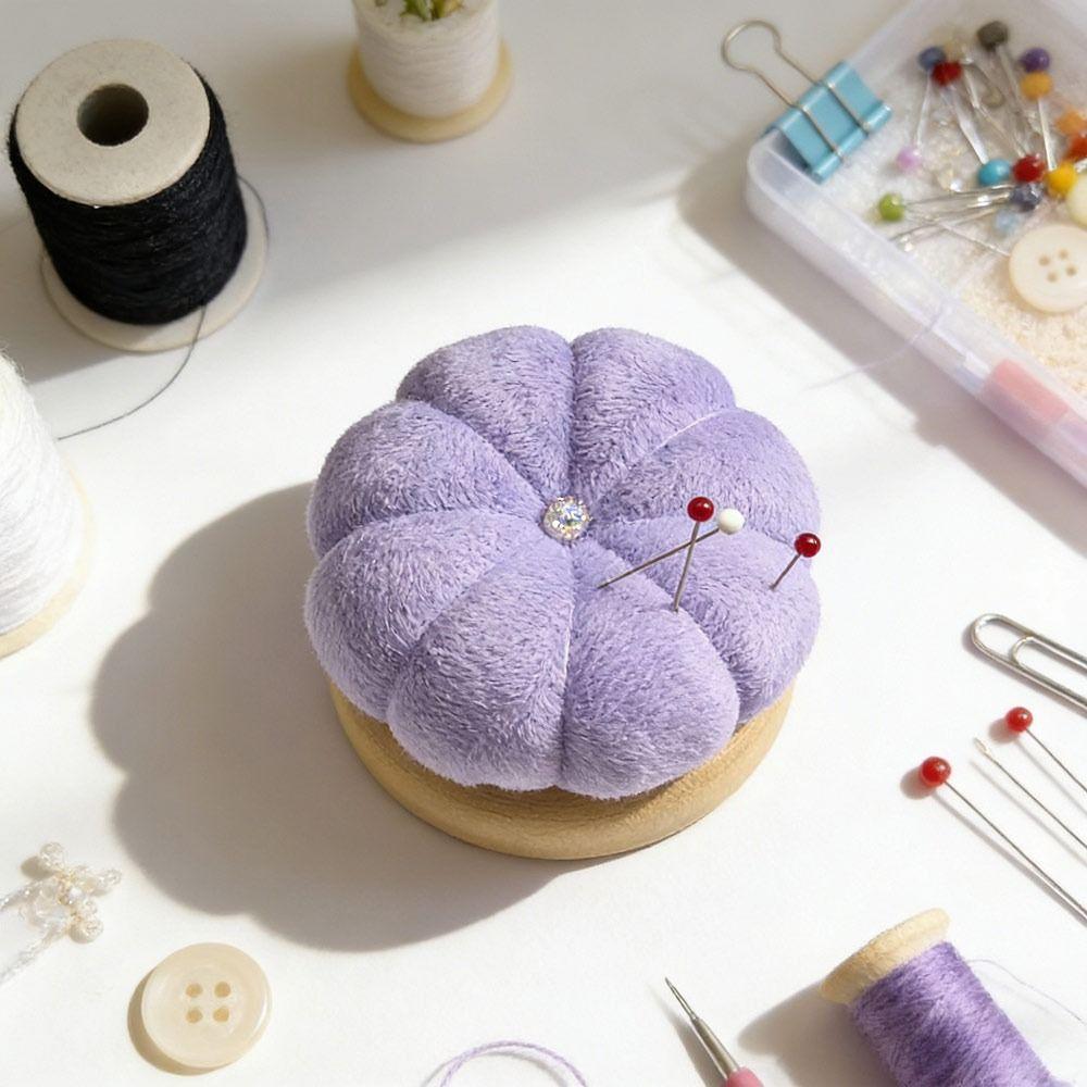 DIY Craft Violet Velvet Needle Holder Wooden Solid Color Pumpkin Shape Pincushion Holder Violet Velvet Cotton Fabric