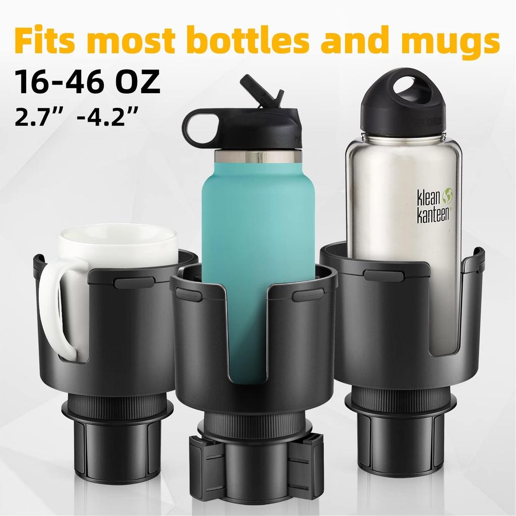 Universal Car Cup Holder Adapter with Adjustable Base and Side Slot for Large Bottles and Mugs Compatible with Most Vehicles