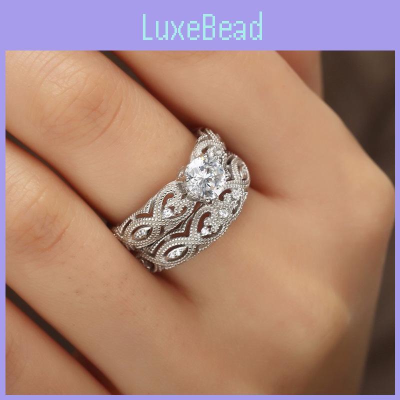 Élégant Ensemble de Bagues de Mariage et de Fiançailles Rétro Blanches 2-en-1 pour Femmes avec Cœurs pour les Mariées