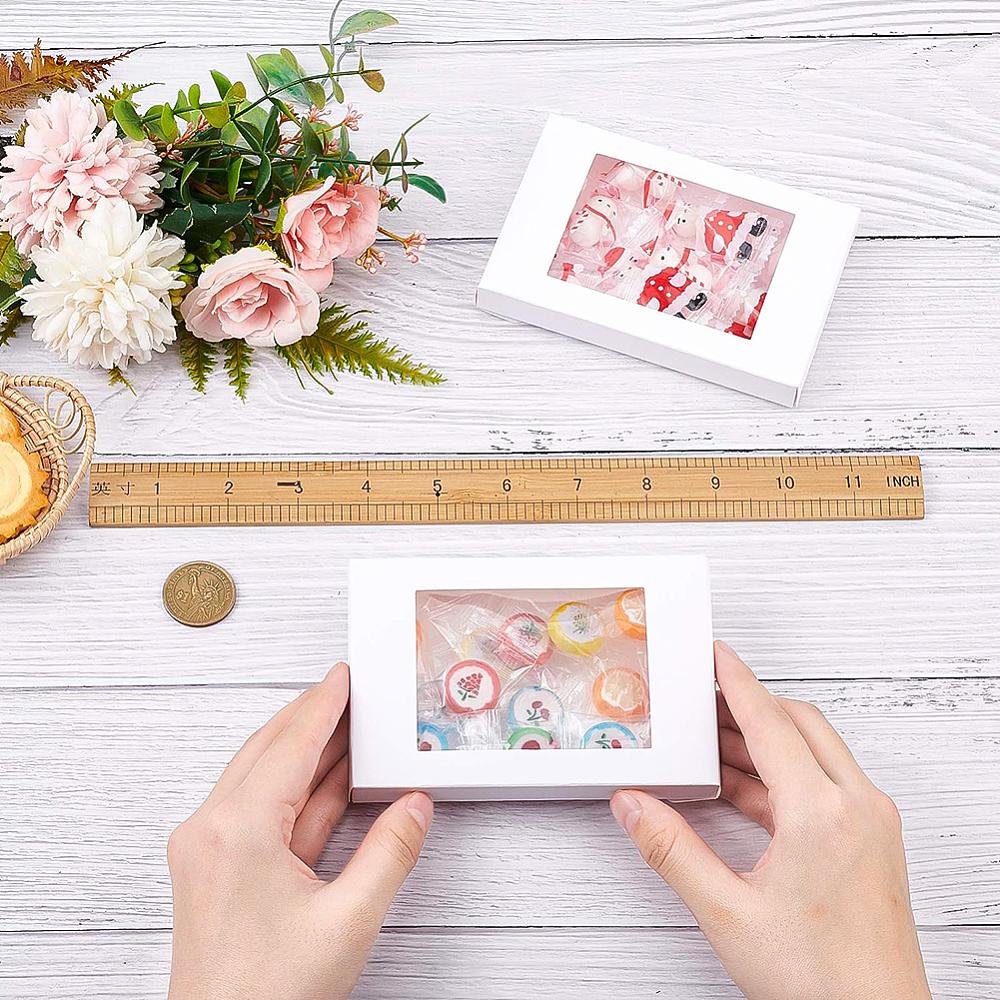 30pcs Foldable Creative Kraft Paper Box Wedding Favor Boxes Favour Box Paper Gift Box with Clear Window Rectangle White Box: 12.5x8.5x1.5cm