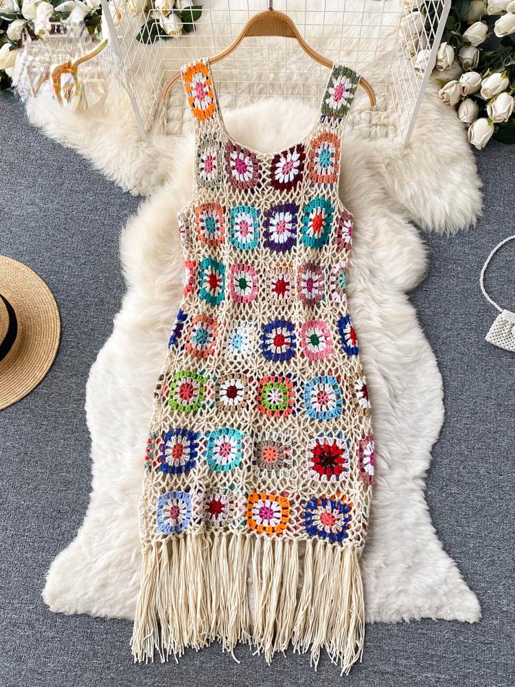 

Винтажное трикотажное платье Sunmmer с вышивкой и цветочным принтом, женское тонкое платье с кисточками, уличная одежда, модный дизайн, новая одежда One Size абрикосовый