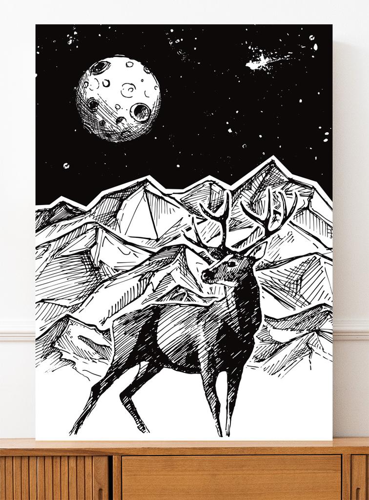 Affiche cerf nuit montagnes illustration