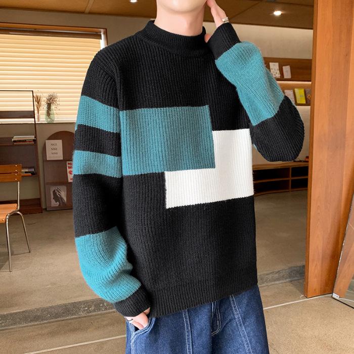 

Men s Striped Half-High Collar Knit Sweater - Thick, Warm, and Personalized Patchwork Design 2XL