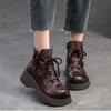 Johnature Genuine Leather Retro Wedges Short Boots With Side Zipper Thick Soled Versatile Women's Boots