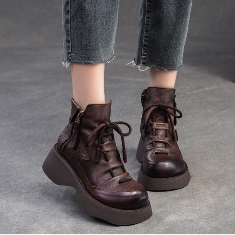 Johnature Genuine Leather Retro Wedges Short Boots With Side Zipper Thick Soled Versatile Women's Boots