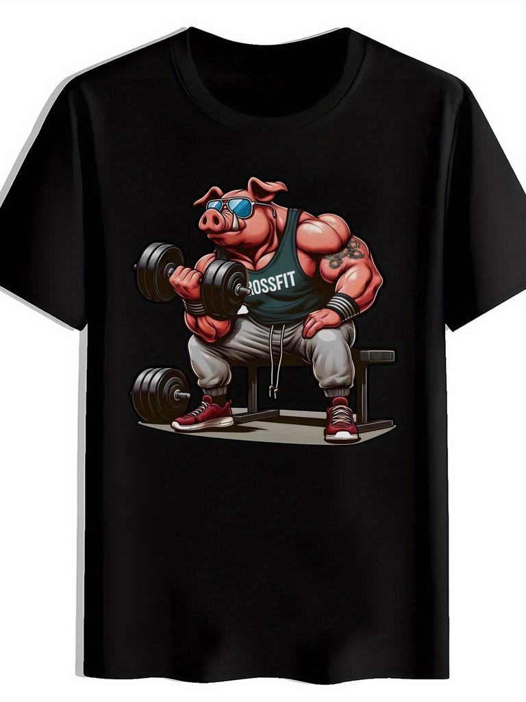 Motivational Workout T-shirt - Gym Pig Design - Funny Fitness Graphic Tee - Lightweight Breathable Polyester Shirt for Gym