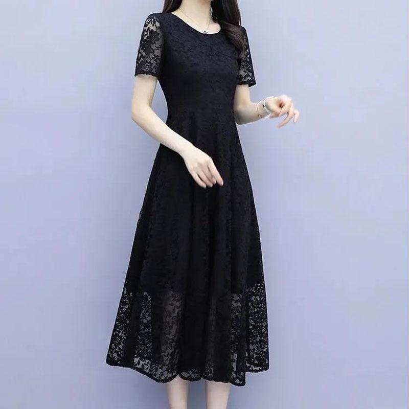 Women's Summer Short Sleeve Hollow Out Lace Dress Slim Round Neck A-Line Mid-calf Dresses
