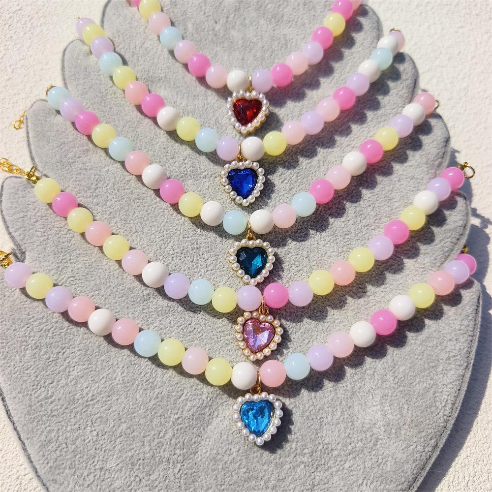 Personalized cat and dog pet handmade necklace collar beaded rhinestone heart cute pearl pendant accessories princess style