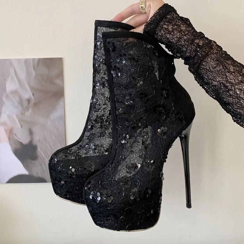 

Модные черные сетчатые ботильоны с пайетками для женщин, 17 см супер высокий каблук, ботинки на платформе, летние сексуальные туфли для стриптиза в ночном клубе, Zapatos De Mujer 42 чёрный