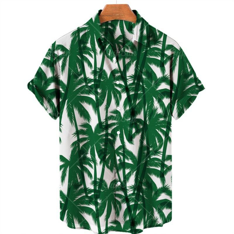 Summer New Large Size Men's Fashion Leaf 1D Digital Printing Shirt Hawaiian Casual Short Sleeve
