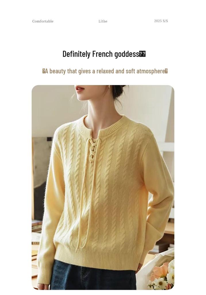 Women's Versatile Cable Knit Sweater - Loose Fit, Soft & Fluffy, Long Sleeve, Lace-Up, Round Neck for Autumn/Winter