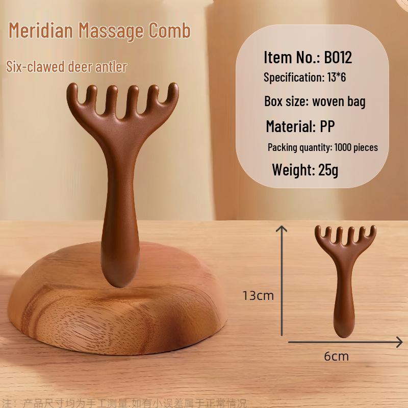 Six-Claw Sandalwood Antler Massage Comb: Multi-functional Gua Sha Scalp & Meridian Scraper.