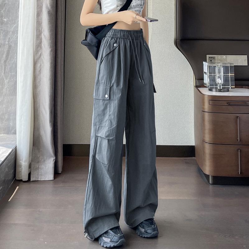 

Женские рабочие брюки офф-вайт быстросохнущие с высокой посадкой и широкими штанинами - Лето 2025 S темно-серого