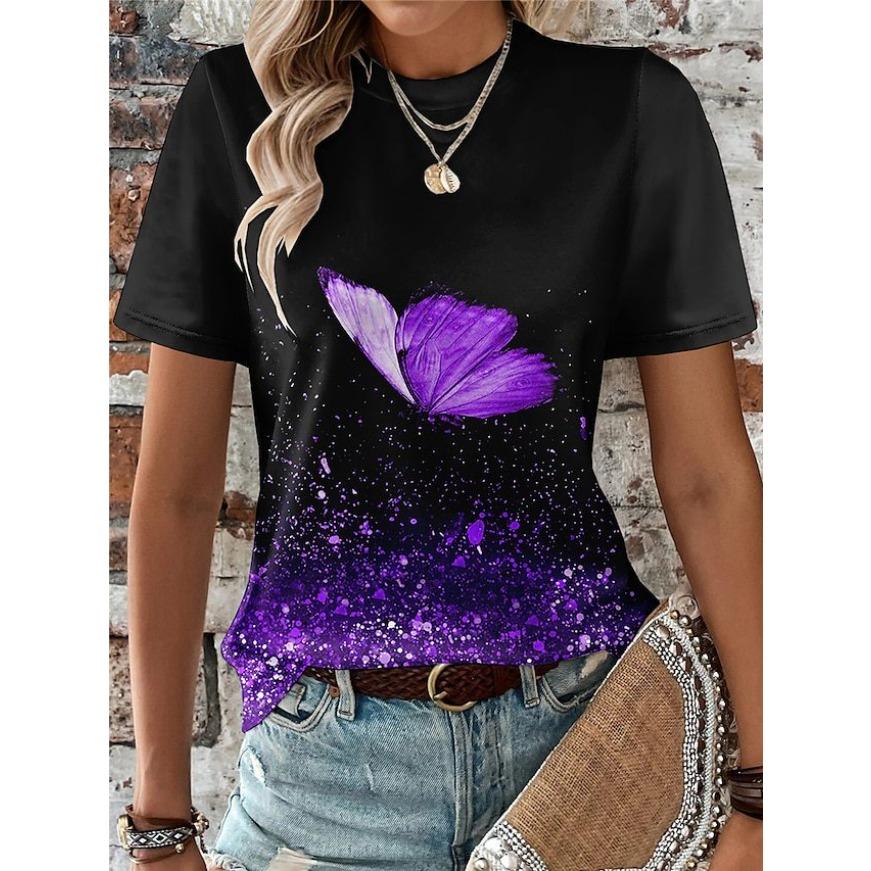 Fashionable Butterfly Tees Minimalist 3D Print Pattern Women's T Shirt Round Neck Short Sleeved Top