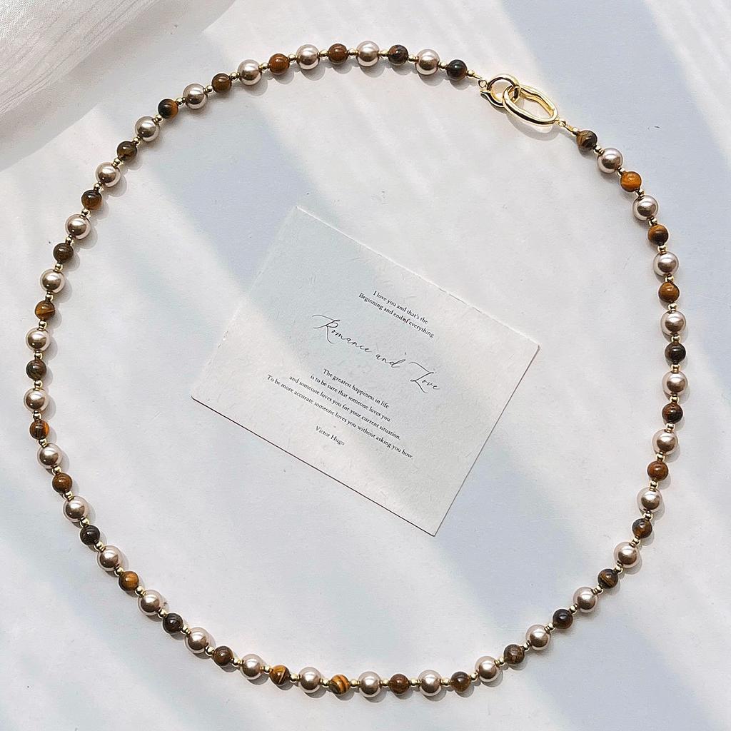 Wind Boutique Natural Tiger's Eye Stone High-gloss Artificial Crystal Pearl Maillard Wind Necklace Collarbone Chain Neck Chain Hair