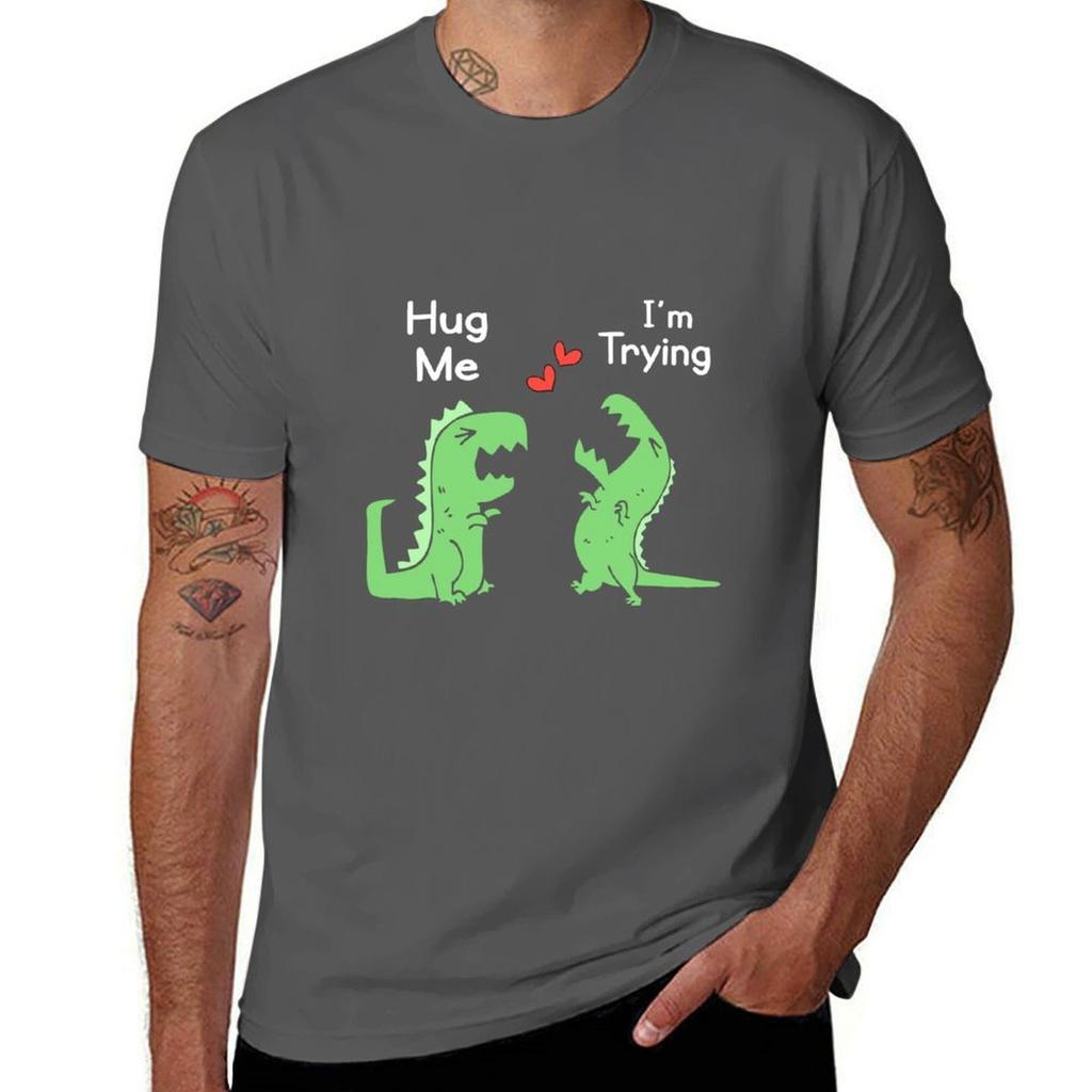 Trex Dinosaur Couple Hug Me Valentines Day Funny Tshirt Casual Simple Design Short Sleeve Shirt