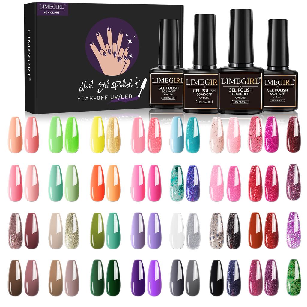 8ml Nail Gel Polish Kit 60pcs Full Set Box Glossy Long-lasting UV Gel Base Top Coat