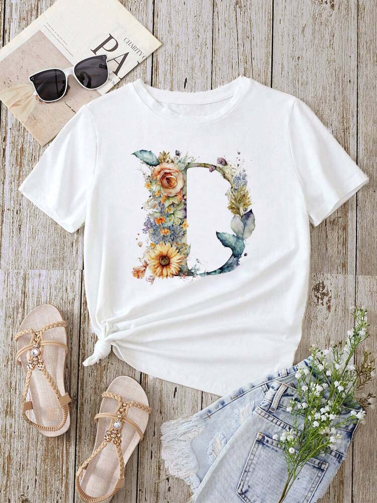 Custom Name Letter Combination Fashion Women T-shirt Floral Letter Font A B C D E F G Short Sleeve Tops White T-shirt