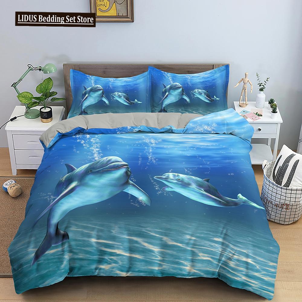 Dolphin Duvet Cover Set 2/3Pcs Marine Life Pillow Case Bedding Sets King Twin Full Queen Size Polyester Quilt Cover For Teens