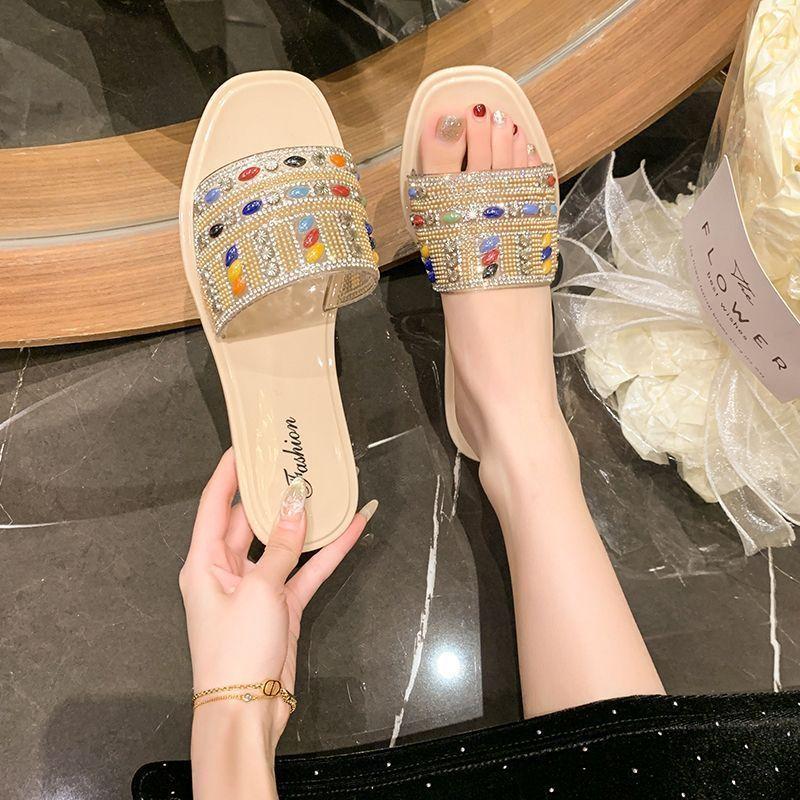 2025 Internet Celebrity Fashion Flat Slippers Summer Women Wear New Versatile Niche Design Rhinestone Slippers Women
