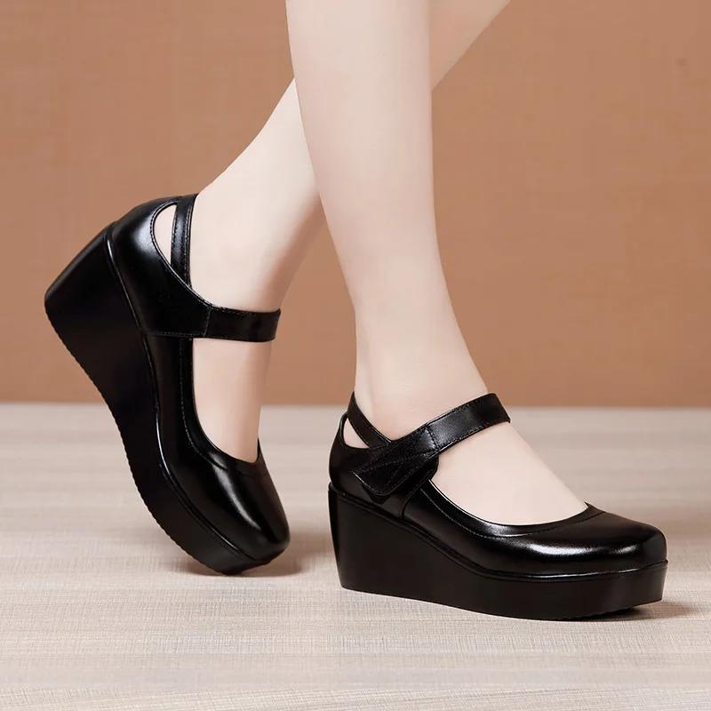 Small Size 32-43 Shallow Med Block Heels Mary Janes Women Pumps 2025 Comfortable Platform Wedges Shoes for Office Mom Model