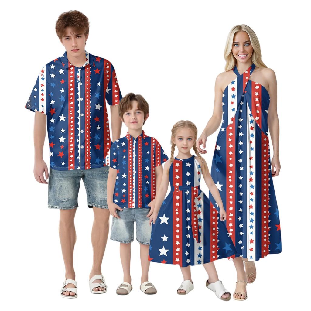 Family And Parent-child Outfits - Casual Vacation Independence Day Printed Women's Skirts, Men's Shirts Summer Suit