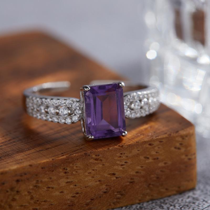 S925 Sterling Silver Inlaid Natural Amethyst Colored Treasure Ring Female Xiaohongshu Sugar Cube Design Ring
