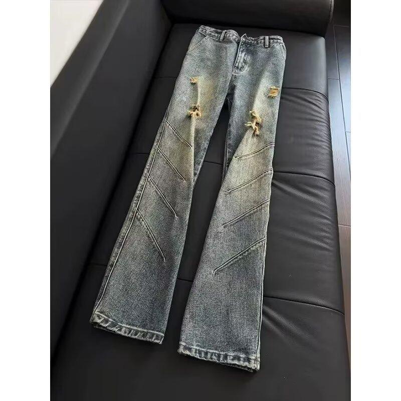 Large size American retro old loose ripped jeans men's and women's spring new high street wide-leg mopping straight pants
