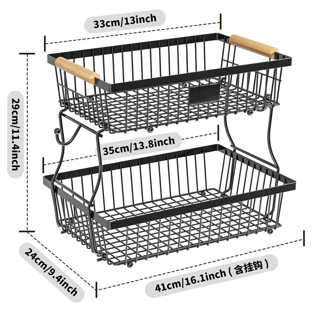 2-Tier Fruit Vegetable Basket,Organizer for Bread Vegetable Detachable ,Large Capacity Storage Stand,Black