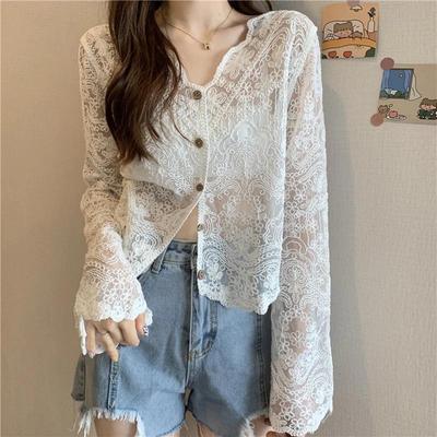 Korean Style Casual Sun Protection Sexy Ladies Tops Vintage Summer Lace Blouses Women See Through Sheer Long Sleeve Sun Shirts