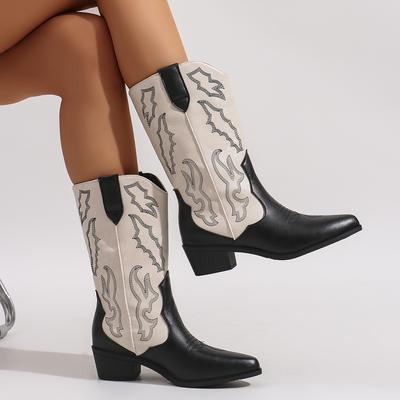 Fashion New Embroidery Women Western Cowboy Boots Fashion Slip On Thick Heels Knight Long Booties Retro Style Autumn Winter Female Shoes